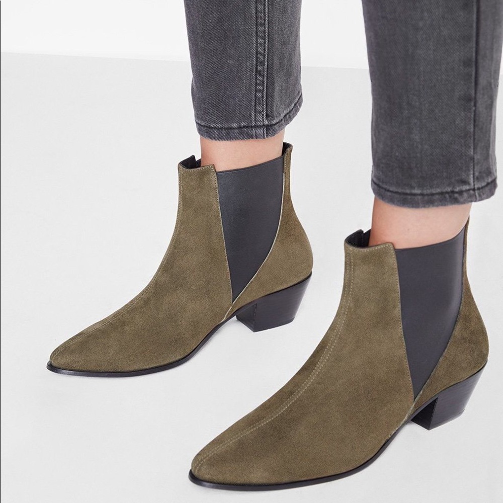 Anine Bing Olive Suede Chelsea Ankle Boots with Black Elastic
